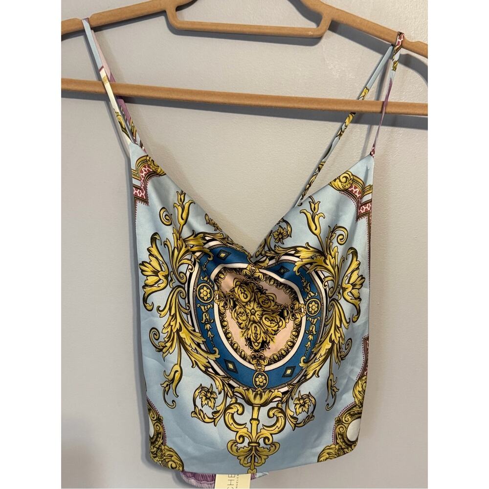 Rachel Zoe Baroque Print Satin Cami Top Light Blue Pink L - Picture 2 of 7